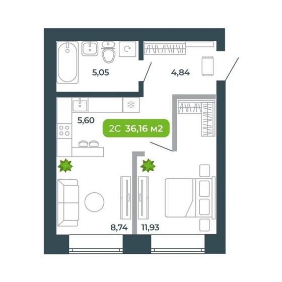 Планировка: евро-2 36,16 м²