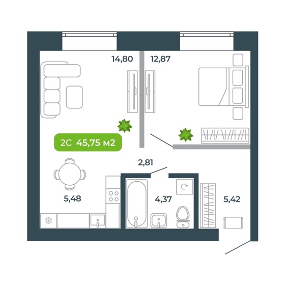 Планировка: евро-2 45,75 м²