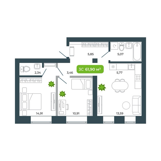 Планировка: евро-3 61,9 м²