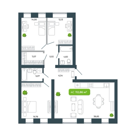 Планировка: евро-4 112,86 м²