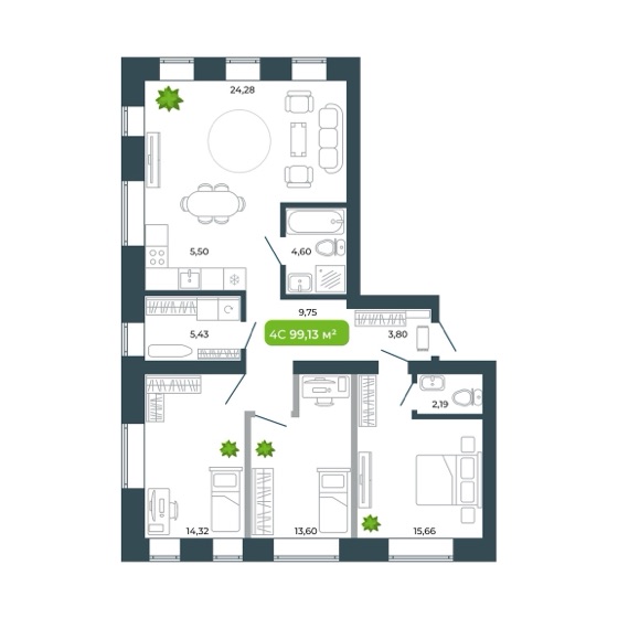 Планировка: евро-4 99,13 м²