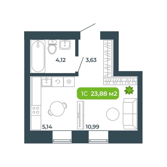 Планировка: студия 23,88 м²
