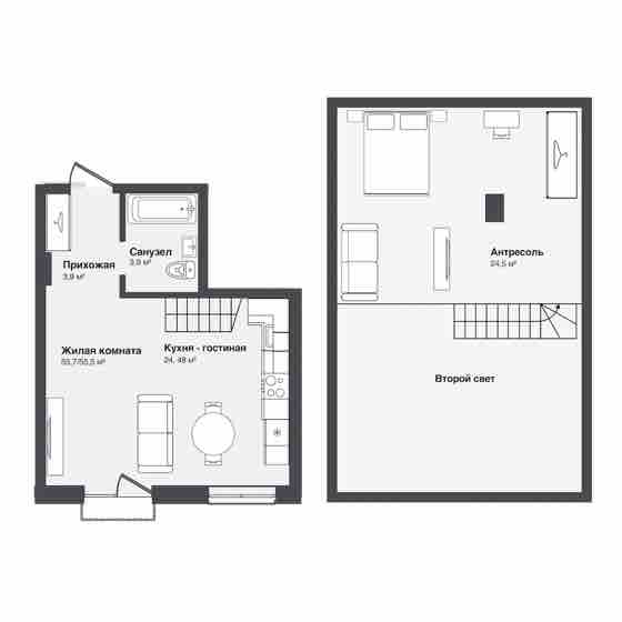 Планировка: 2-комнатная 55,7 м²
