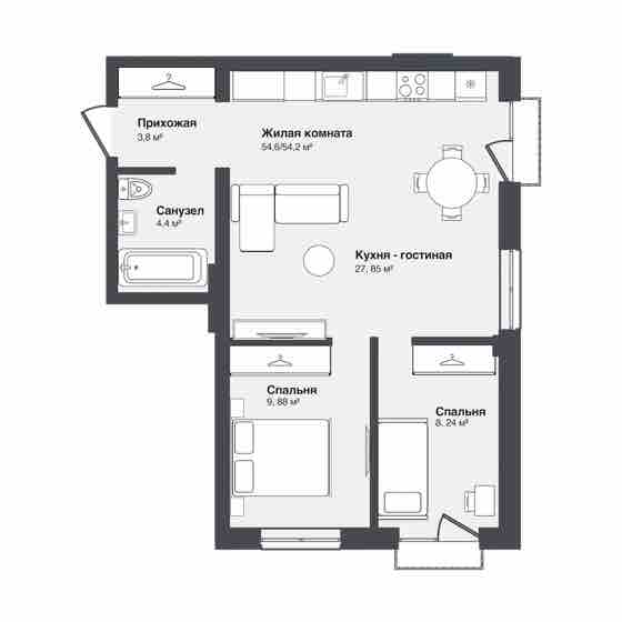 Планировка: 3-комнатная 54,6 м²