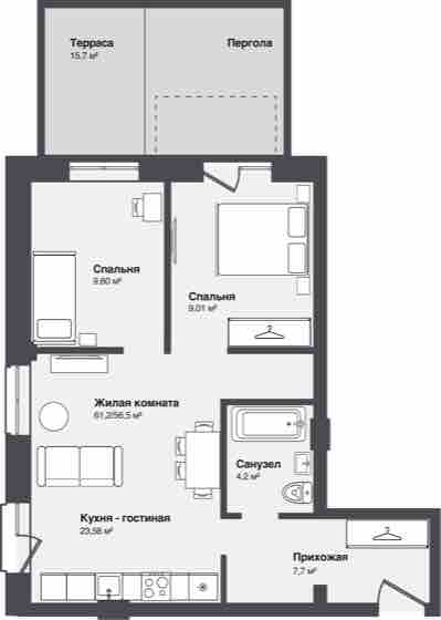 Планировка: 3-комнатная 61,2 м²