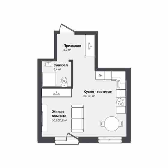 Планировка: студия 30,2 м²